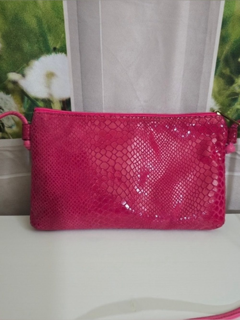 PINKY Hot Pink Snake-Embossed leather shoulder bag.